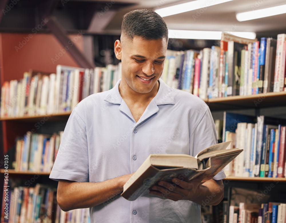 Happy student, reading or library books in education, learning or studying for university, college o