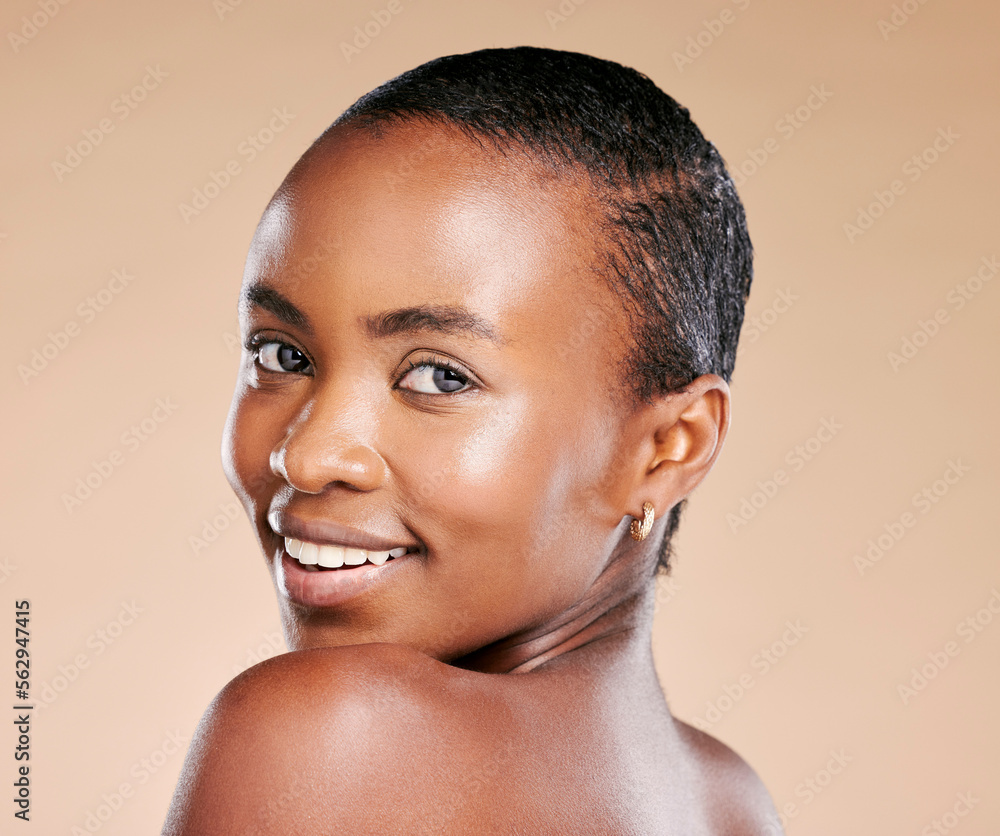 Black woman, model and skincare portrait with smile, healthy cosmetic glow on skin by beige backgrou