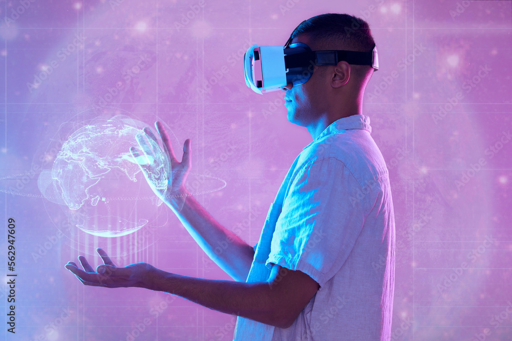 Metaverse, vr and man with globe hologram for networking, connection and digital transformation. Neo