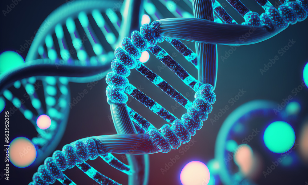 Concept of the evolution of human DNA in the distant future. View under the microscope. Blue helix b