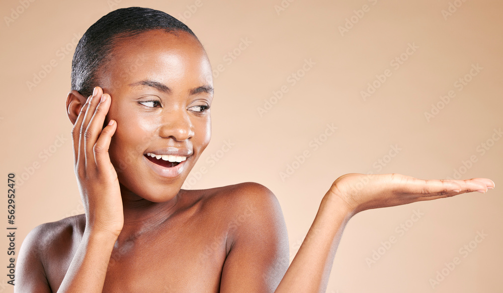 Black woman, smile and skincare with handout for advertising cosmetics, makeup or product on mockup.