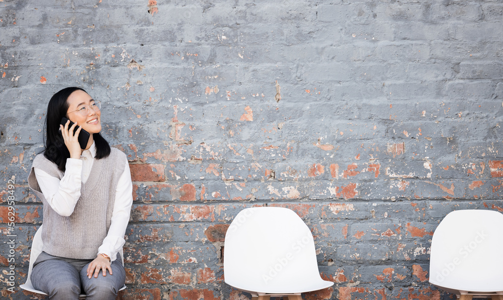 Phone call, chairs and Asian woman in interview waiting room with smartphone, recruitment and employ