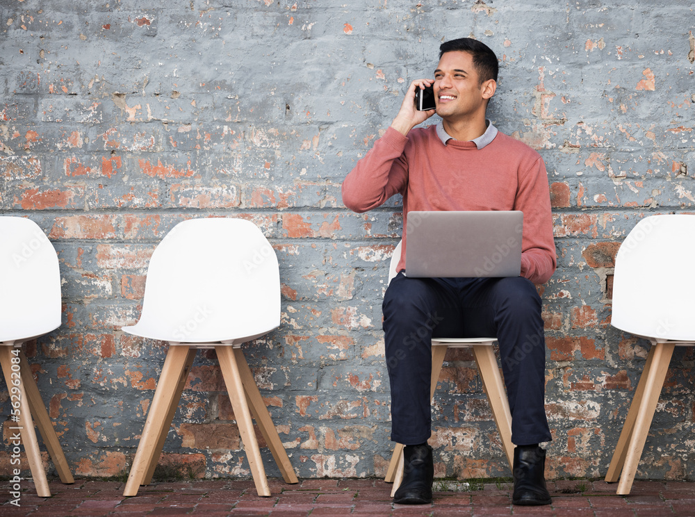 Phone call, recruitment and man on brick wall, sitting in line with hr news, job opportunity and hir