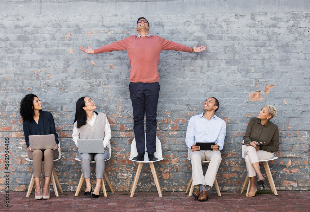 Business people, waiting room and man standing out for interview, meeting or opportunity against a b