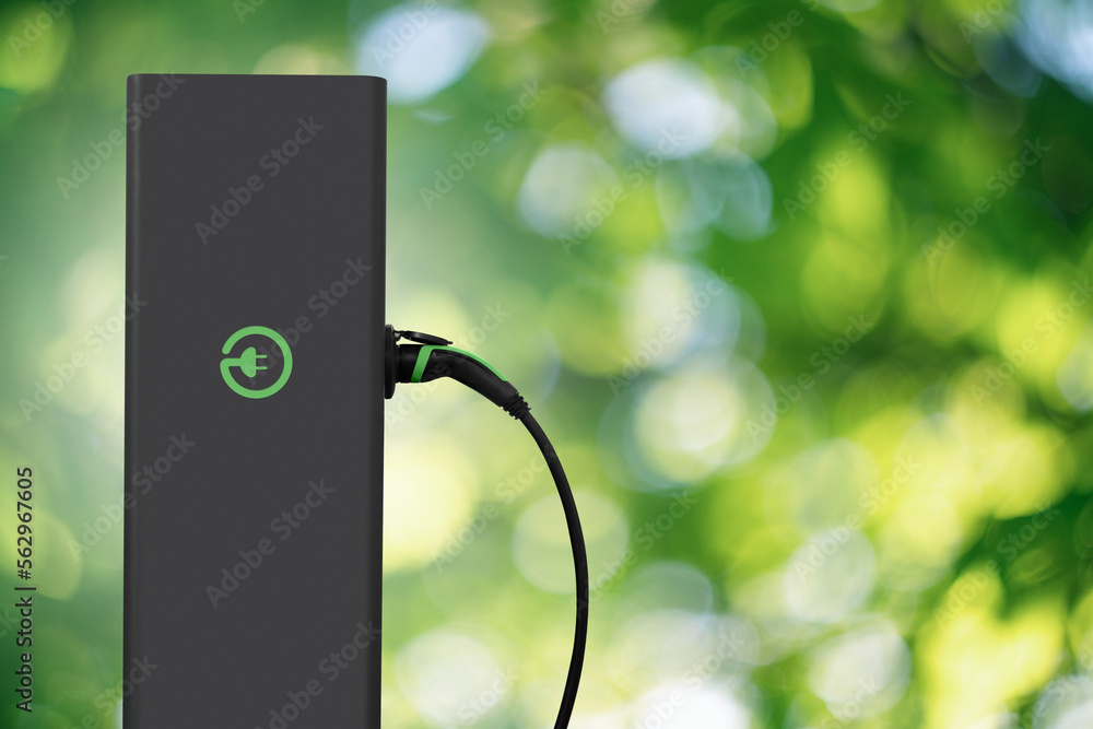 Electric car charging station on a green background	