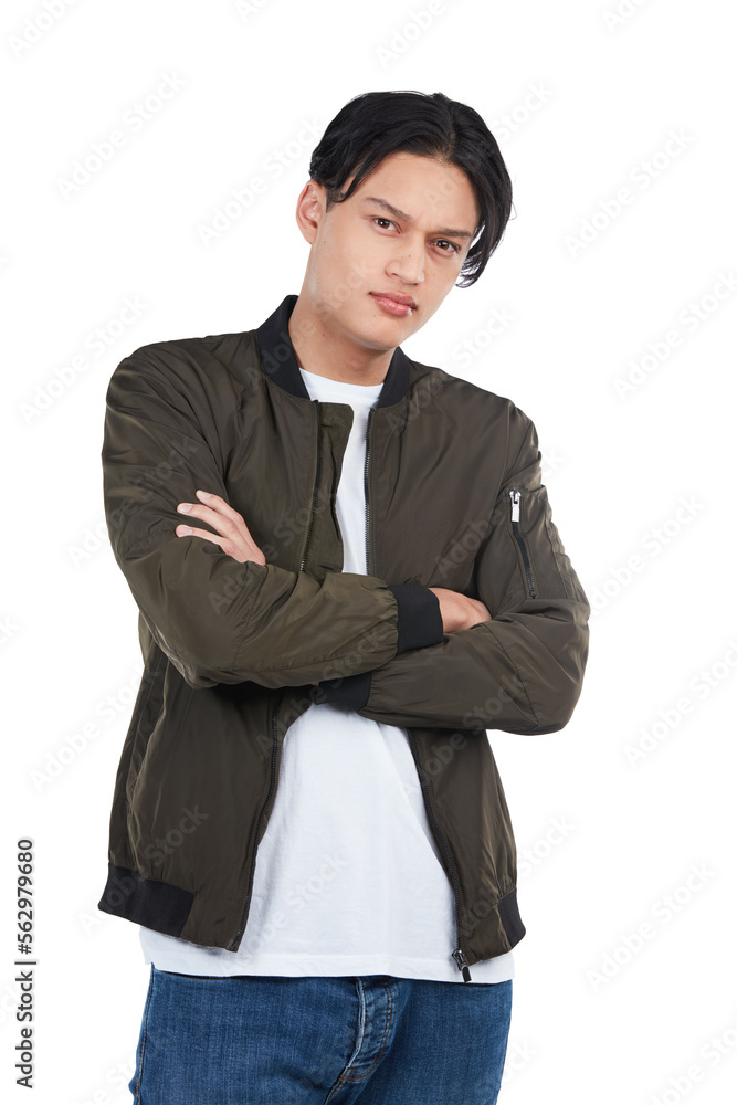 Confident, trendy and portrait of an Asian man with arms crossed isolated on a white background. Fas