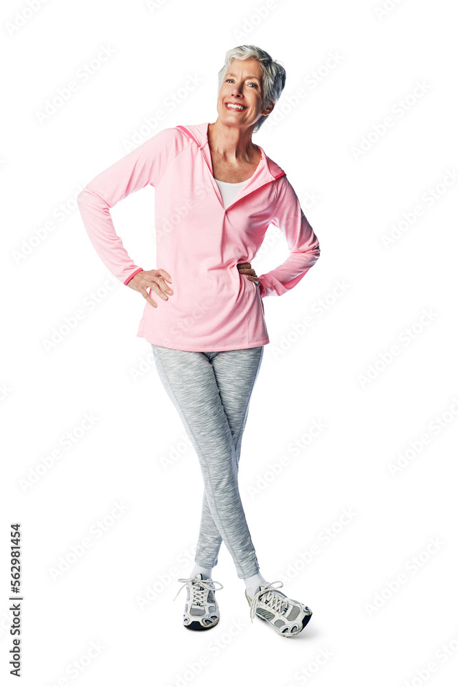 Portrait, exercise and a senior woman in studio isolated full body on a white background for lifesty