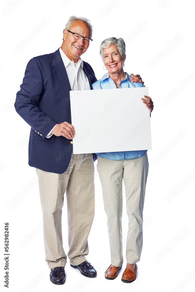 Senior, happy and blank sign couple portrait of elderly people holding a billboard poster. White bac