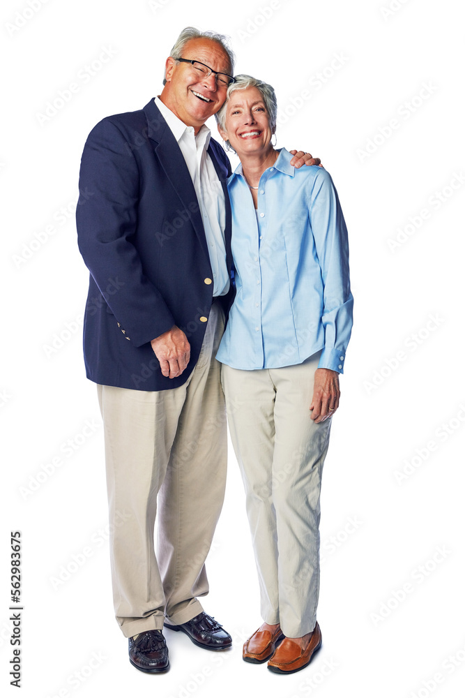 Love, body portrait of senior couple standing in studio and isolated on white background. Retirement