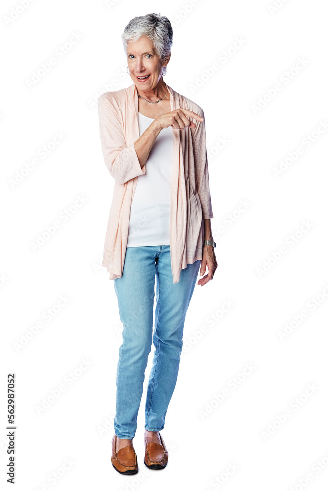 Senior woman, full body portrait and pointing finger, standing isolated in white background for adve