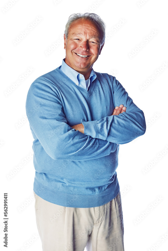 Person, happy and portrait of senior man in studio, proud and relax while enjoying retirement on whi