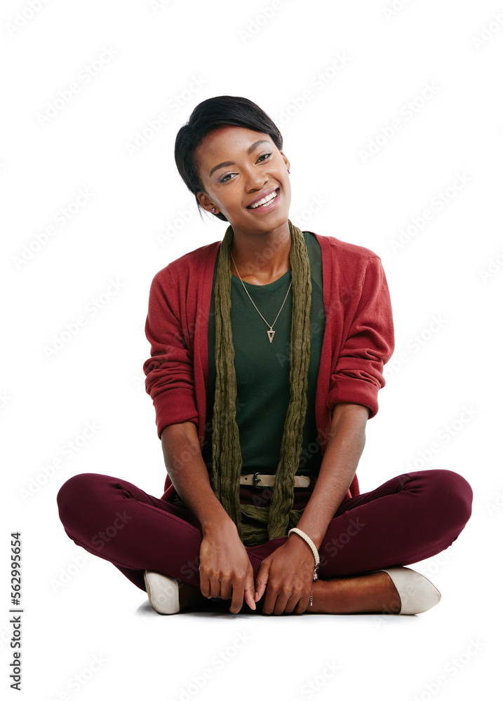 Black woman, portrait or sitting on isolated white background in trendy, cool or stylish clothes. Sm