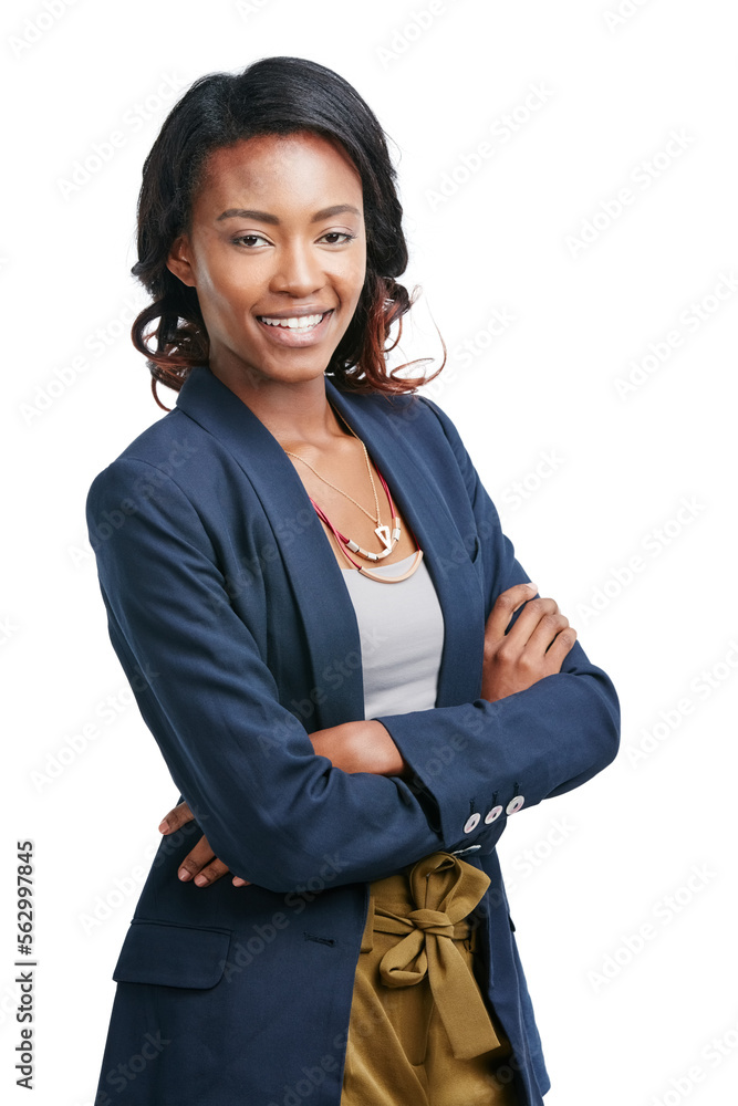 Business, black woman and smile portrait for success motivation, positive mindset and happiness isol