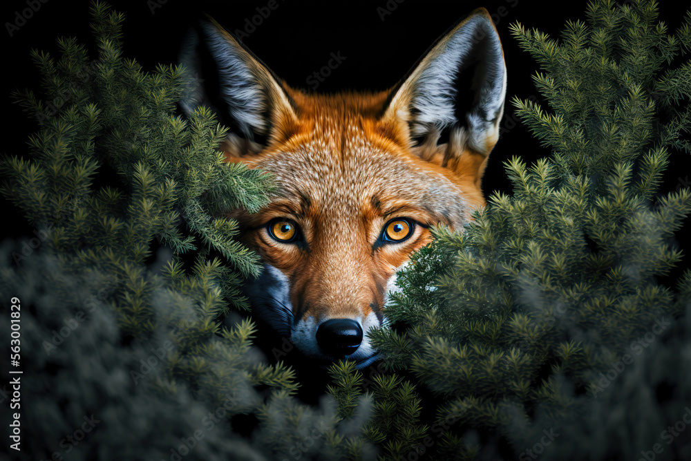 Red fox portrait. Fox hiding behind fir branches.Digital art