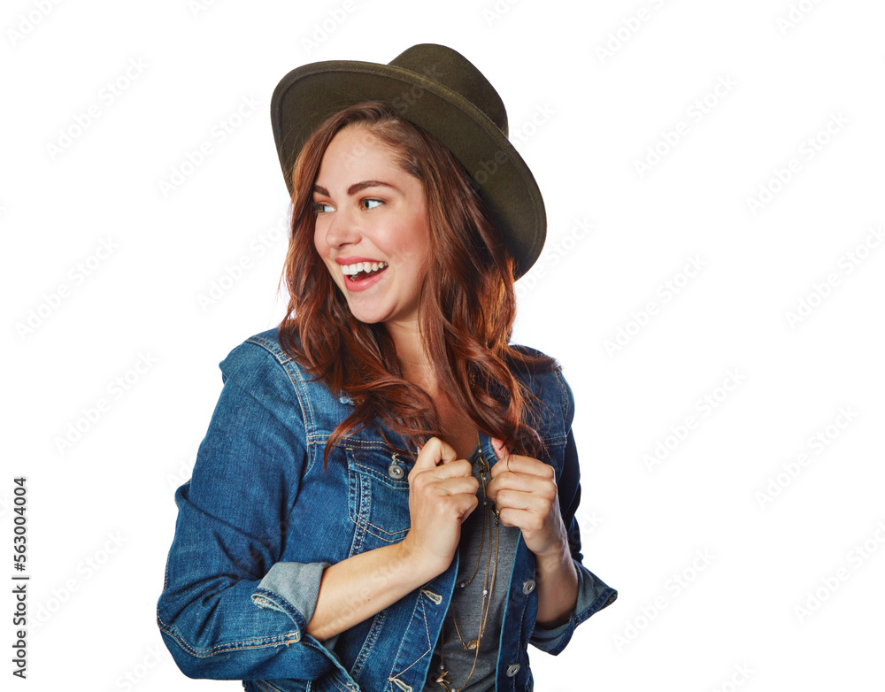 Happy woman, fashion clothes or hat on isolated white background in cool trend or funky brand market