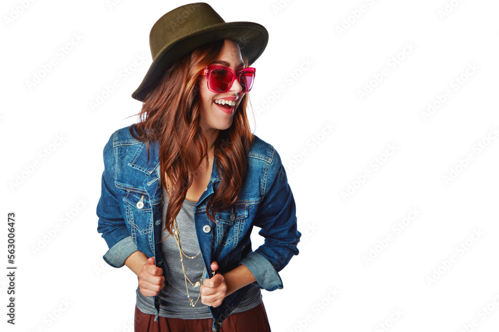 Gen z, fashion and sunglasses girl happy in trendy style with excited smile for marketing. Happiness