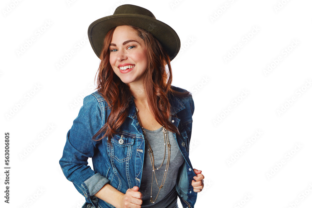 Happy woman, portrait and fashion clothes with hat on isolated white background in cool brand market