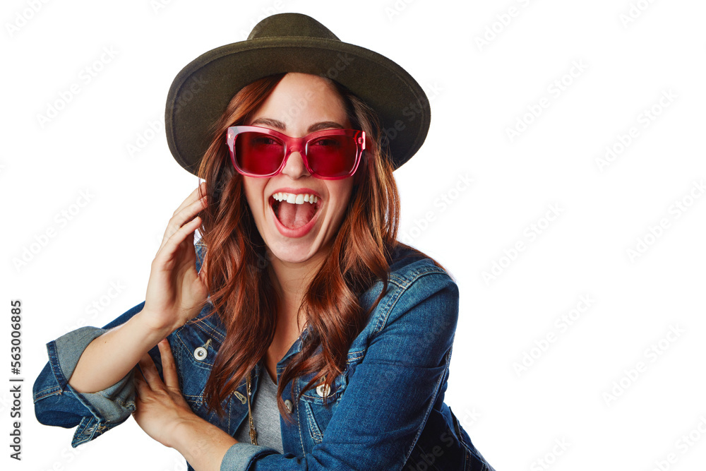 Woman, fashion and glasses with hat, smile or excited face against a white studio background. Portra