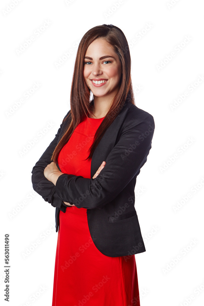 Isolated, business and portrait of woman with arms crossed in white background studio for management