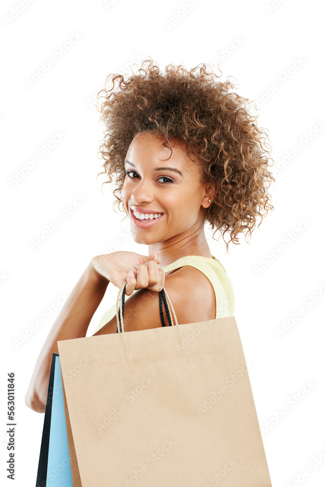 Retail, smile and portrait of shopping black woman or customer happy with sale or deal isolated agai