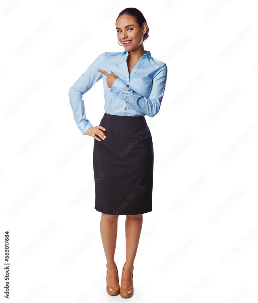 Portrait, studio and businesswoman pointing finger isolated against a white background. Happy, excit