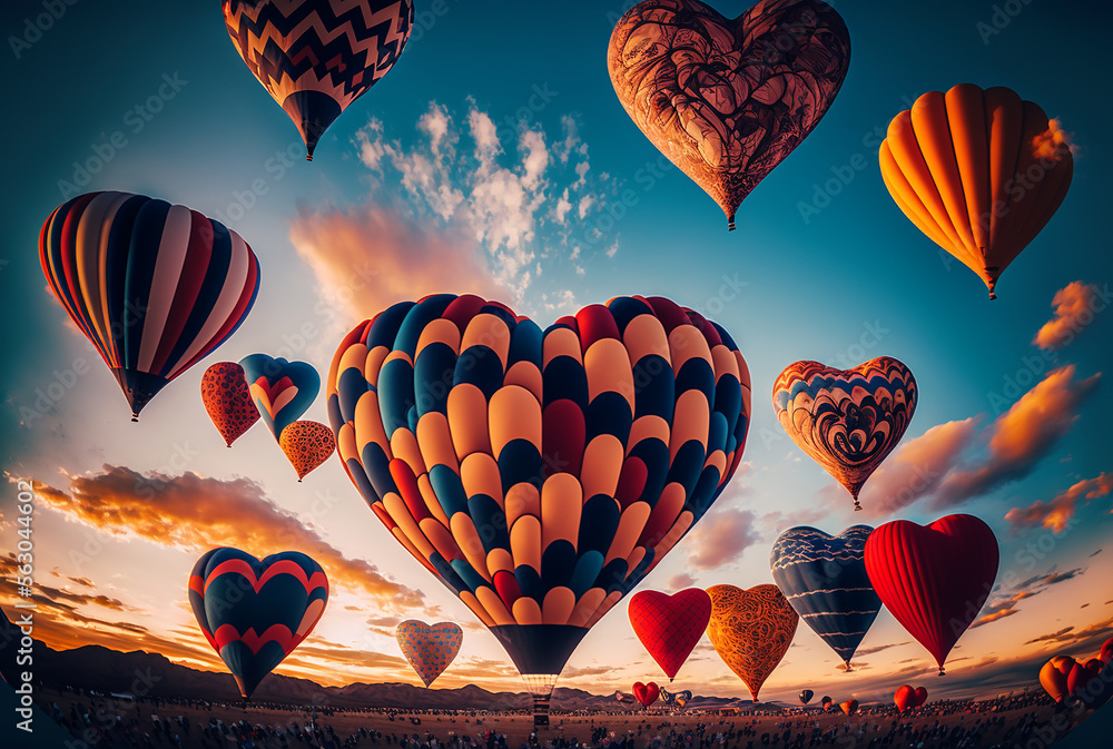 Heart shaped hot air balloon, Generative AI