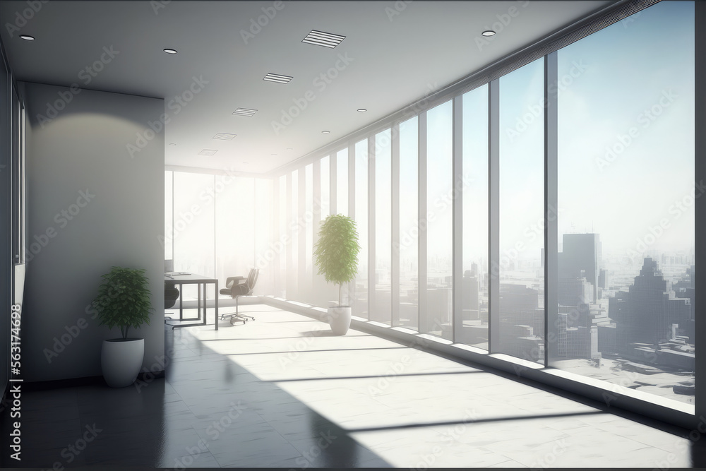 Empty modern office background in city center . Workspace interior design . Clean and bright office 