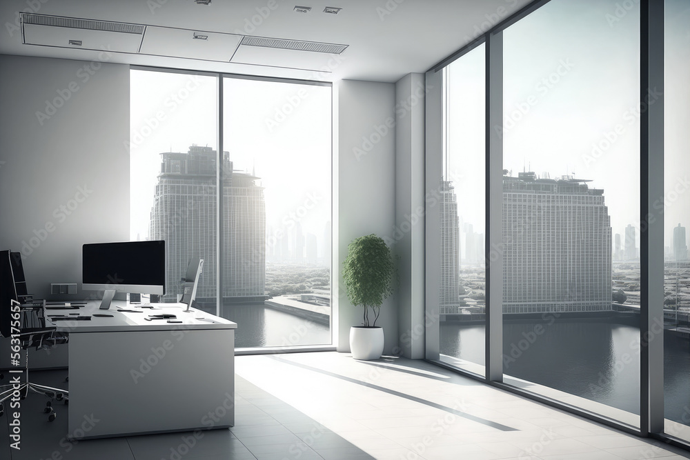 Empty modern office background in city center . Workspace interior design . Clean and bright office 