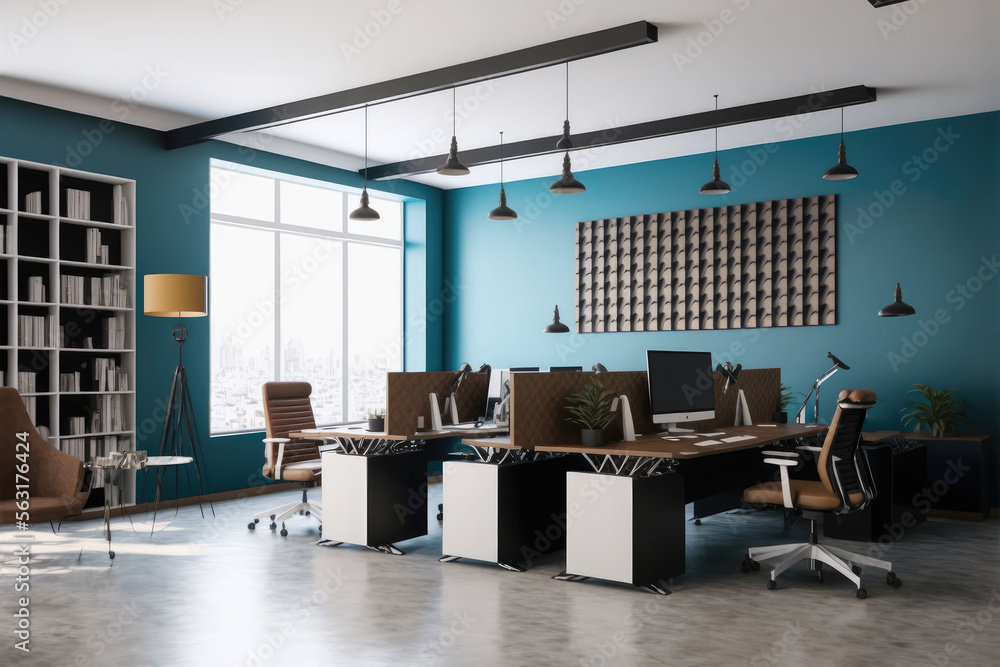 Modern office interior design . Contemporary workspace for creative business. Peculiar AI generative