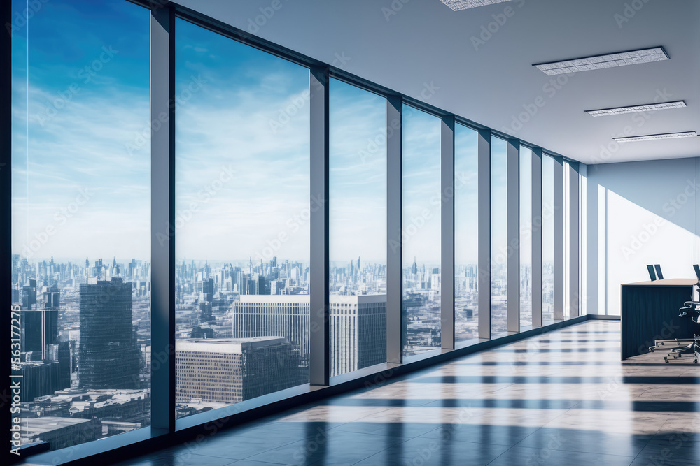 Empty modern office background in city center . Workspace interior design . Clean and bright office 