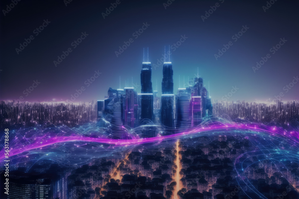 Smart city with communication network graphic connecting the city with wireless internet technology.