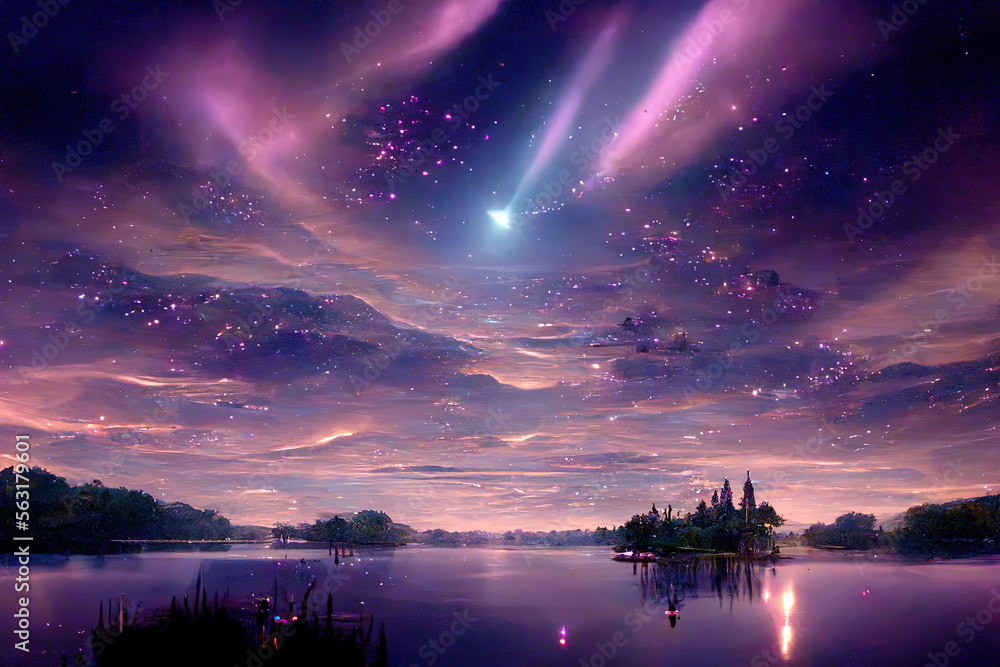 Starry night lake with bright star shine in the sky horizon reflecting on silky lake with splendid n