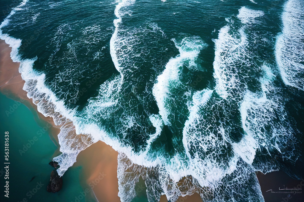 Spectacular top view from drone photo of beautiful beach with relaxing sunlight, sea water waves pou