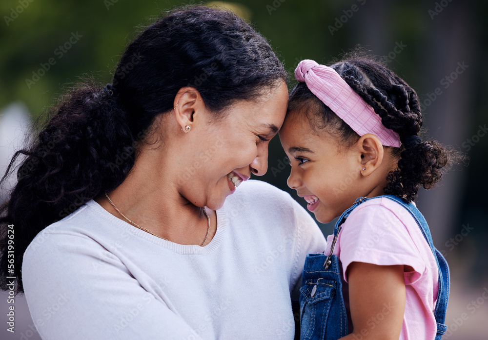 Mother, daughter and hug in a park, love and sweet while bonding outdoor together. Black woman, girl