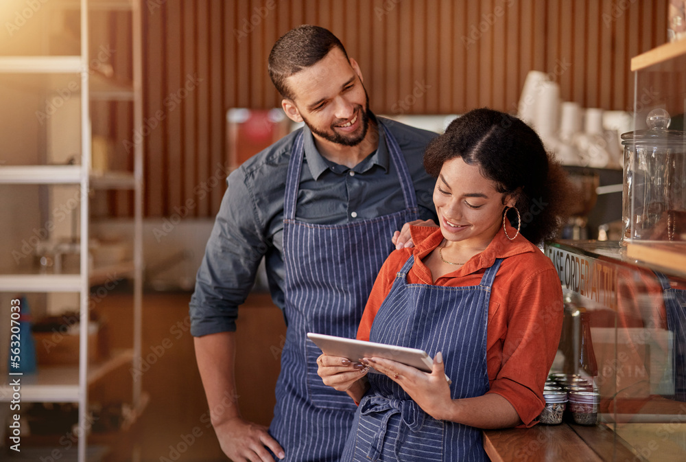 Restaurant, cafe owner and couple with tablet to manage orders, inventory and stock. Interracial wai