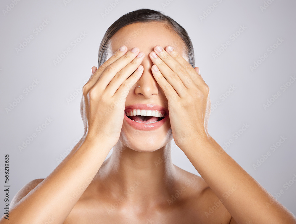 Woman, hands and covering eyes with smile in satisfaction for skincare, cosmetics or beauty against 