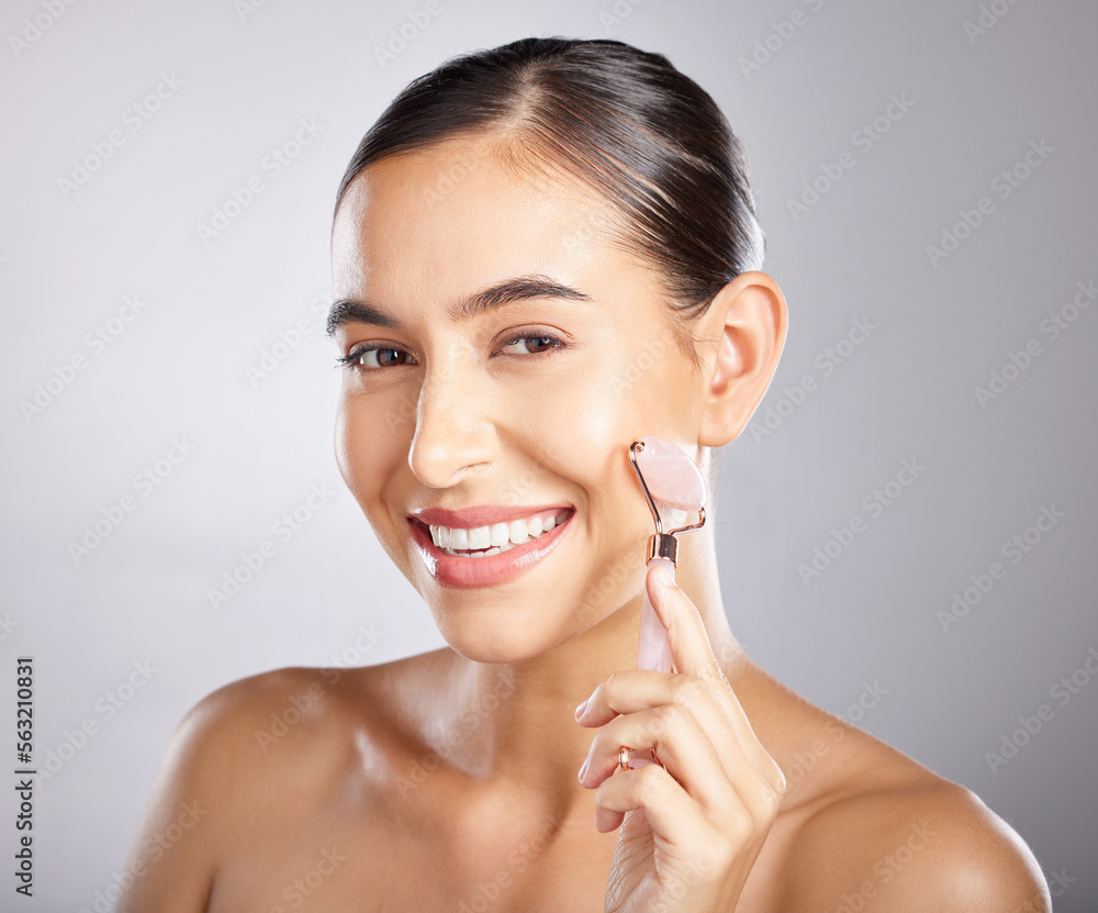 Face roller, happy and woman portrait of skincare with model relax from facial spa treatment. Isolat