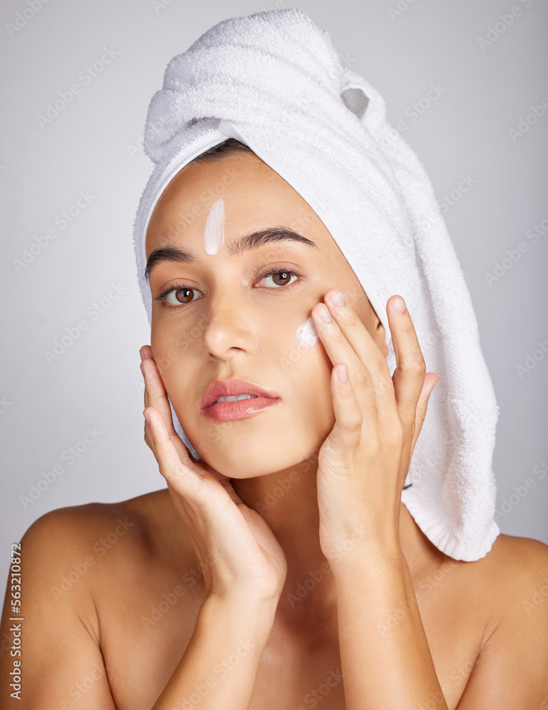 Woman, skin cream and face portrait with facial moisturizer and spa beauty in morning. Towel, sunscr