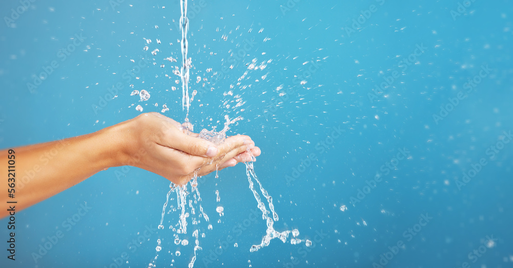 Cleaning, save and hands with water for hygiene, grooming and washing body on a blue background. Sho