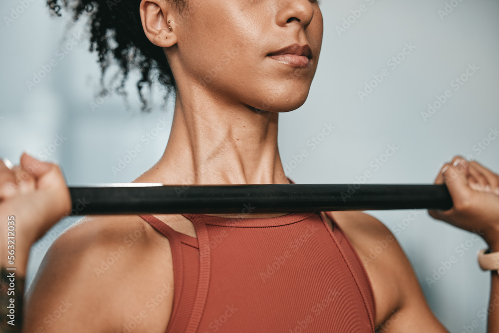 Gym, barbell workout and black woman doing muscle fitness performance for body health, strength trai