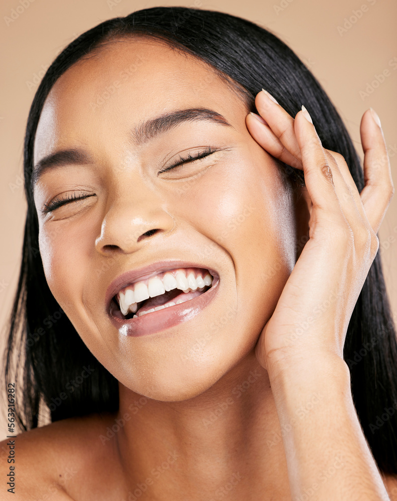 Beauty, skincare and black woman isolated on studio background, happy with her minimal face makeup. 