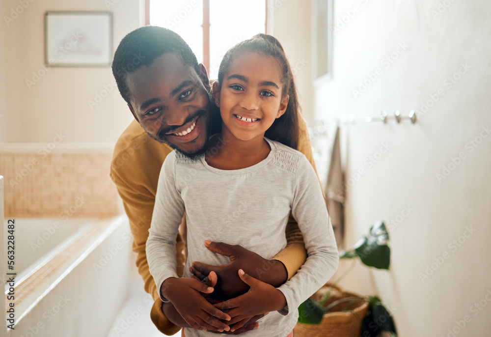 Happy, smile and portrait of father and daughter in bathroom for self care, hygiene and skincare. We