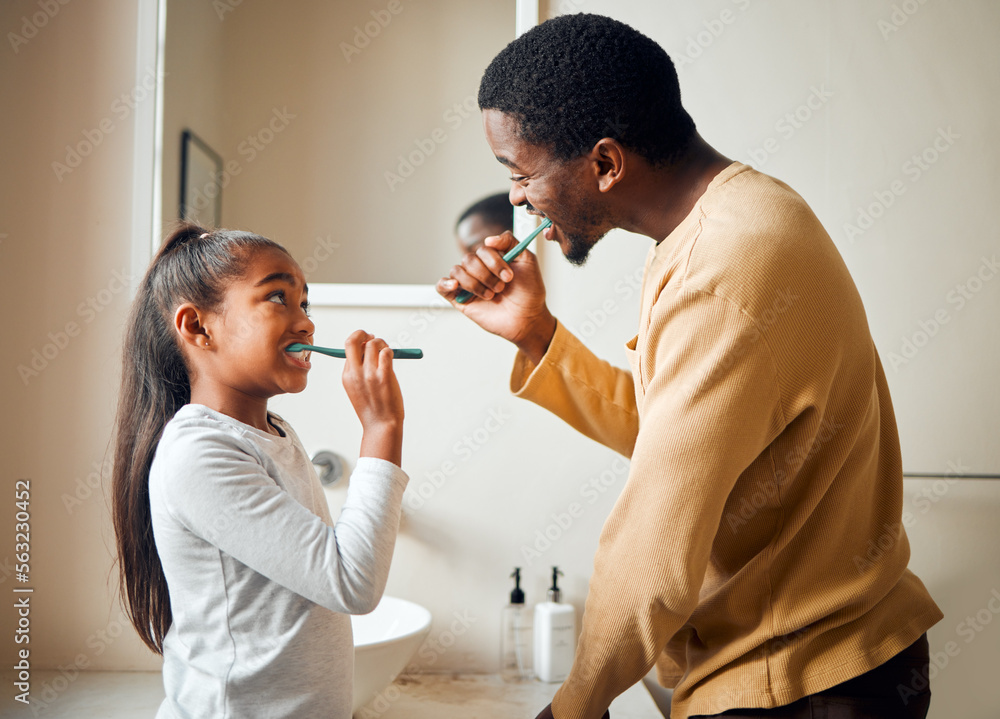 Brushing teeth, bonding and father with daughter in a bathroom for hygiene and dental grooming. Oral