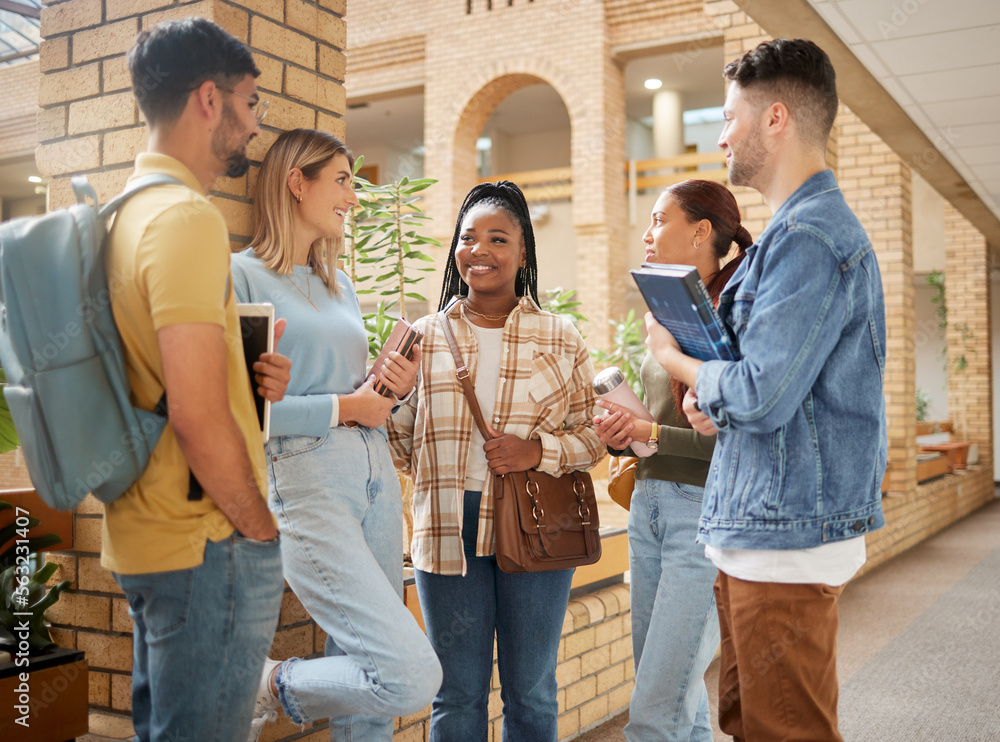 Learning, friends and college with students happy on campus with books for education, scholarship or