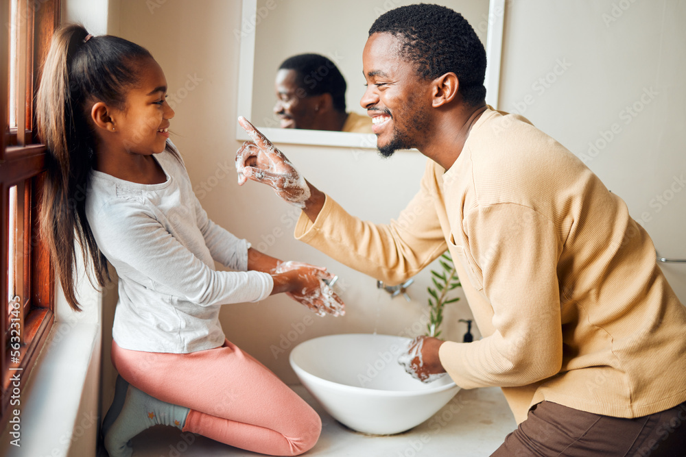 Black family, washing hands and health care with soap to clean in home bathroom. Man teaching girl w