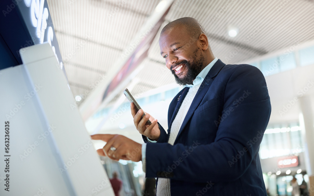 Check in, email and black man with a phone for travel information, communication and connection. Con