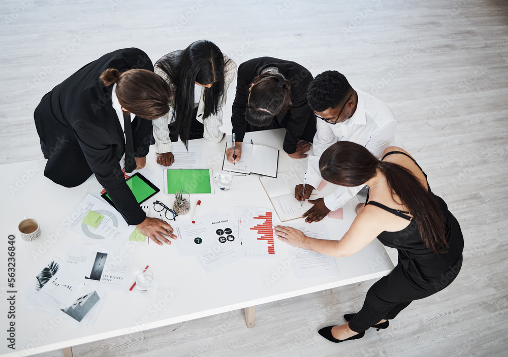 Meeting, accounting and collaboration with a business team working around a table in the boardroom f