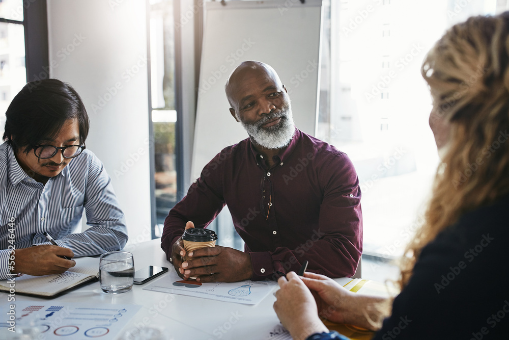 Business people, black man and staff in meeting, brainstorming and conversation for collaboration, o