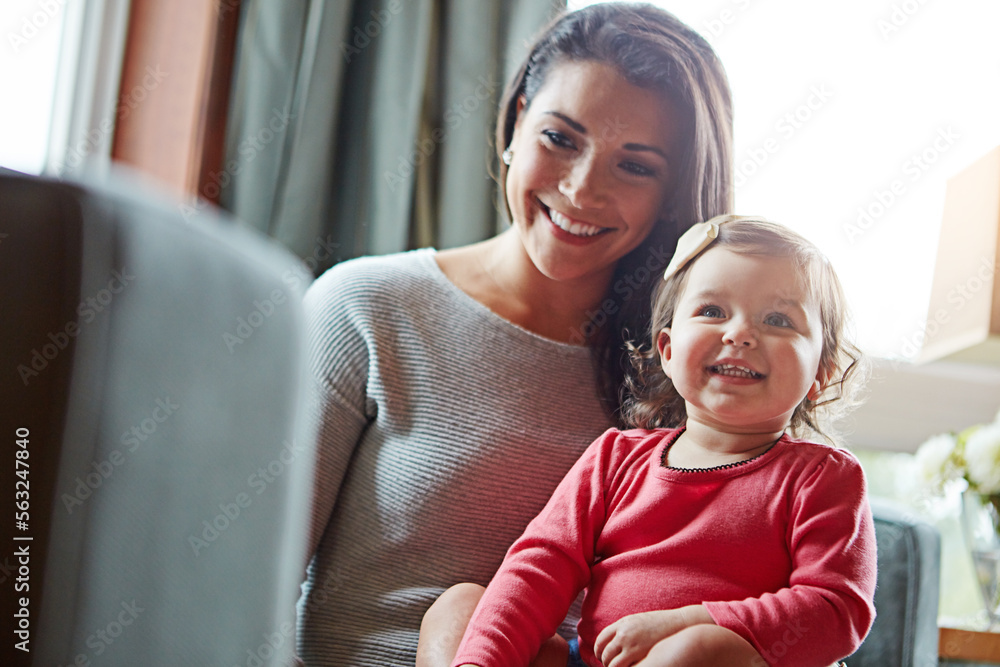 Relax, happy and smile with mother and baby on sofa for bonding, quality time and child development.