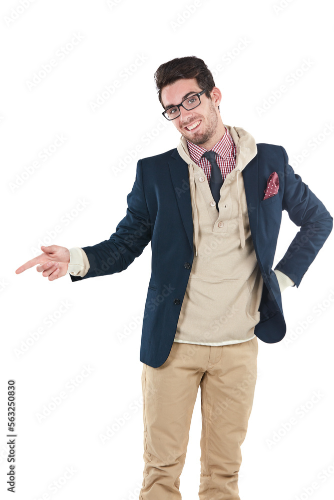 Man, portrait and nerd pointing with happiness and smile in isolated white background. Happy, geek a